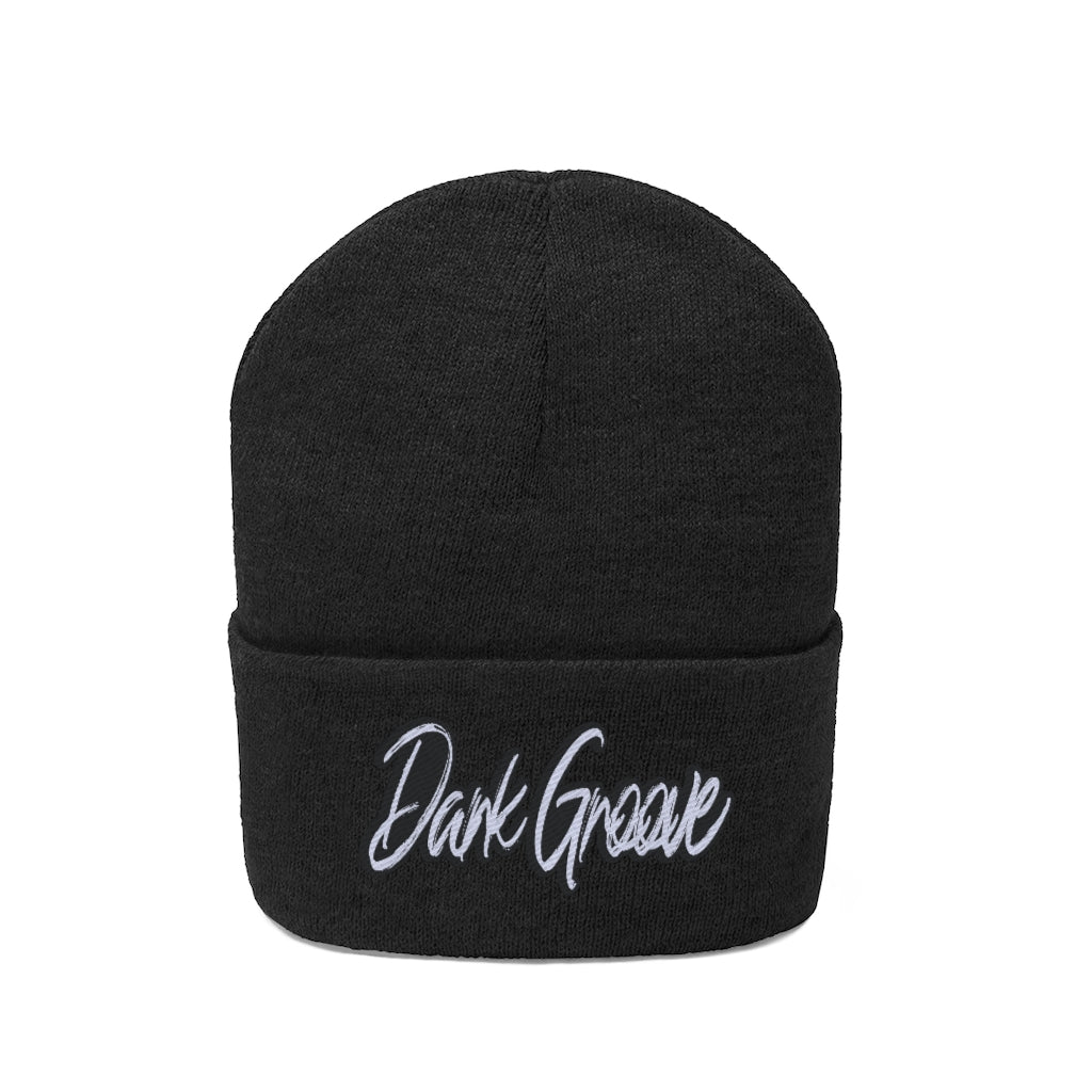 Dark Groove White Embroidered Text Black Knit Beanie